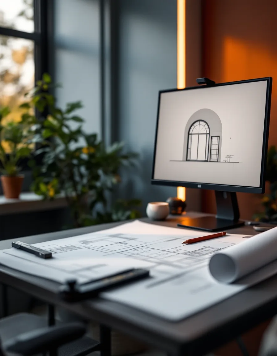 A drafting desk with an architect’s scale, pencil, vellum and a monitor showing CAD plans