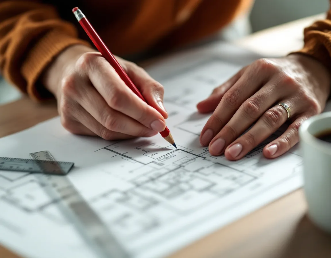 Hands marking dimensions on a floor plan with a pencil and scale ruler